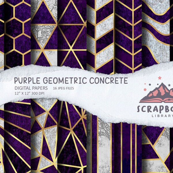 Digital Purple Concrete Paper, Geometric Pattern Paper, Scrapbook Supplies, Gold lines, Geometrical Shape Design