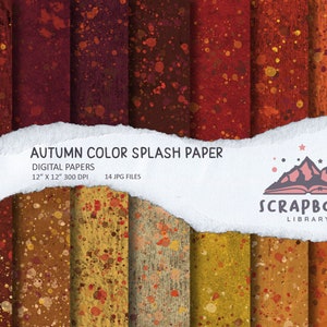 May include: 14 digital papers featuring autumn color splash patterns in shades of red, orange, yellow, and gold. Each paper is 12 inches by 12 inches and 300 DPI. The papers are designed by Scrapbook Library.