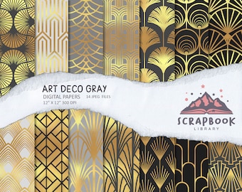 Art Deco Pattern Paper, Gray Geometrical Shape, Charcoal and Gold Flower Stylish Fashion, Ash lines Trend, Digital wallpaper, Gatsby