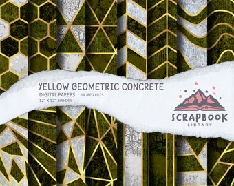 Digitales Gelb Beton Papier, Geometrisches Muster Papier, Scrapbook Zubehör, Gold Linien, Geometrische Form Design, Stein Textur