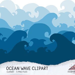 Puede incluir: Clipart de olas de océano azules sobre un fondo blanco. Las olas están superpuestas en diferentes tonos de azul, creando un efecto oceánico realista. El texto "Ocean Wave Clipart" y "Clipart 5 PNG Files" está en la parte inferior de la imagen.