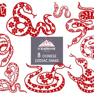 Pode incluir: Oito ilustrações vermelhas de serpentes do zodíaco chinês com detalhes florais. O texto "8 Chinese Zodiac Snake" está no centro da imagem.