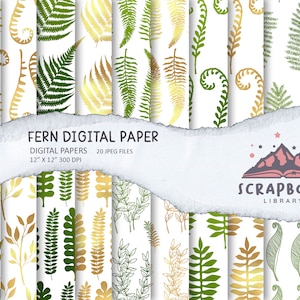 May include: A set of 20 digital papers featuring fern patterns in green and gold on a white background. The papers are 12 inches by 12 inches and 300 DPI. The text "FERN DIGITAL PAPER" and "SCRAPBOOK LIBRARY" is visible.