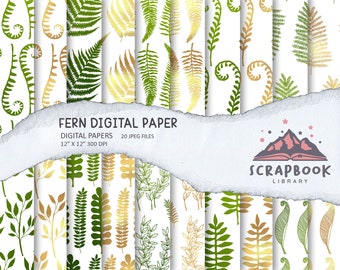 Fern Digital Paper, Fern Leaf Pattern Digital Paper, Scrapbook paper, Fern Background Image Print, Green and Gold, Tropical Leaf Pattern