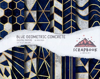 Digital Teal Concrete Paper, Geometric Pattern Paper, Scrapbook Supplies, Gold lines, Geometrical Shape Design