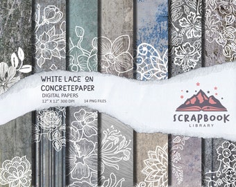 Texturas de papel de hormigón de encaje de flores blancas, fondos de cemento desgastados, material de hormigón oxidado con motivos florales