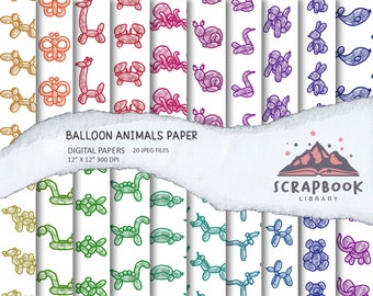 Balloon Animal Digital Paper, Colorful Party Animal Pattern, Rainbow Color Balloons, Cute Animal Design, Cute Wild Animal Decoration
