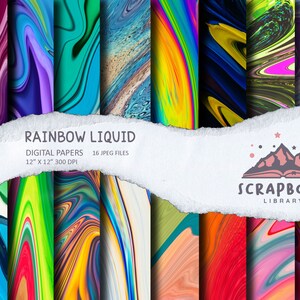 May include: A set of 16 digital papers featuring rainbow liquid designs. Each paper is 30.5 cm by 30.5 cm and 300 DPI. The papers are perfect for scrapbooking, card making, and other crafting projects.