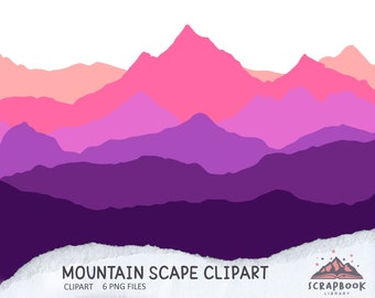 Mountain Scape Clipart, Pink Purple Hill PNG, Digital Mountain Range Graphic Design, Peak Field, Cliff, Ridge Texture, Slope Pattern