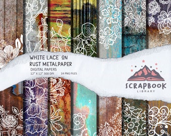 Texturas de papel de metal oxidado de encaje de flores blancas, fondos de hierro desgastados de cobre antiguo, respaldo de acero oxidado con patrón floral
