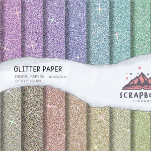 May include: A digital paper pack with 18 glitter textures in various colours. The papers are 12 inches by 12 inches and 300 DPI. The text "GLITTER PAPER" is at the top of the image, and the text "SCRAPBOOK LIBRARY" is at the bottom of the image.