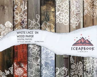 Texturas de papel de madera de encaje de flores blancas, fondos de madera desgastados antiguos vintage, respaldo de madera con motivos florales
