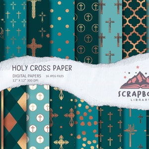 May include: A set of 16 digital papers featuring various patterns with gold crosses on a teal background. The papers are 30.5 cm by 30.5 cm and 300 DPI. The text "HOLY CROSS PAPER" and "SCRAPBOOK LIBRARY" is also visible.
