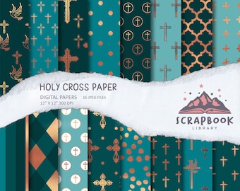 Teal & Copper Holy Cross Digital Paper, First Communion, Religious, Christening, Holy Dove Baptismal Paper, Dedication, Easter background