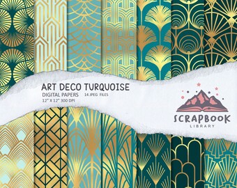 Art Deco Pattern Paper, Turquoise Geometrical Shape, Teal and Gold Flower Stylish Fashion, Blue lines Trend, Digital wallpaper, Gatsby