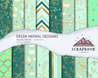 Origami Digital Paper, Animal Origami Pattern Paper, Scrapbook origami paper, Pastel Green Origami Design, Animal Washi Paper, Bird, Mammal