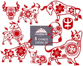 Chinese Zodiac Ox ornaments clipart, Asian Bull pattern, Authentic Eastern Cow, Chinese New Year, Red Ox Horoscope, Ancient Astrology