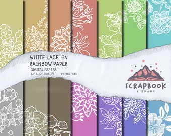 White Flower Lace Rainbow Paper, floral Patrón colorido tonos fondos, Orquídea tropical, Rosa, Hibisco