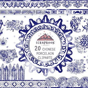 20 Chinese Porcelain clipart,Chinese blue white porcelain pattern,Hand painted Graphic Design,Chinese texture,Chinese ornaments faded