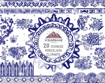 20 Chinese Porcelain clipart,Chinese blue white porcelain pattern,Hand painted Graphic Design,Chinese texture,Chinese ornaments faded