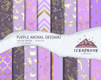 Papel digital origami, papel patrón de origami animal, papel de origami scrapbook, diseño de origami púrpura, papel washi animal