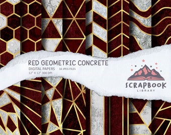 Digital Dark Red Concrete Paper, Geometric Pattern Paper, Scrapbook Supplies, Gold lines, Geometrical Shape Design, Stone Paper
