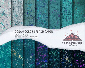 Texturas de papel de color Ocean Splash, fondos de mar azul profundo, paleta de agua, material de álbum de recortes con efecto de burbuja digital