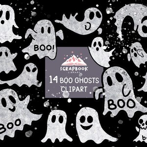 May include: A set of 14 black and white ghost illustrations with a watercolor effect. The ghosts are in various poses and have the words "Boo!" written on them. The text "14 Boo Ghosts Clipart" is written in a purple banner.