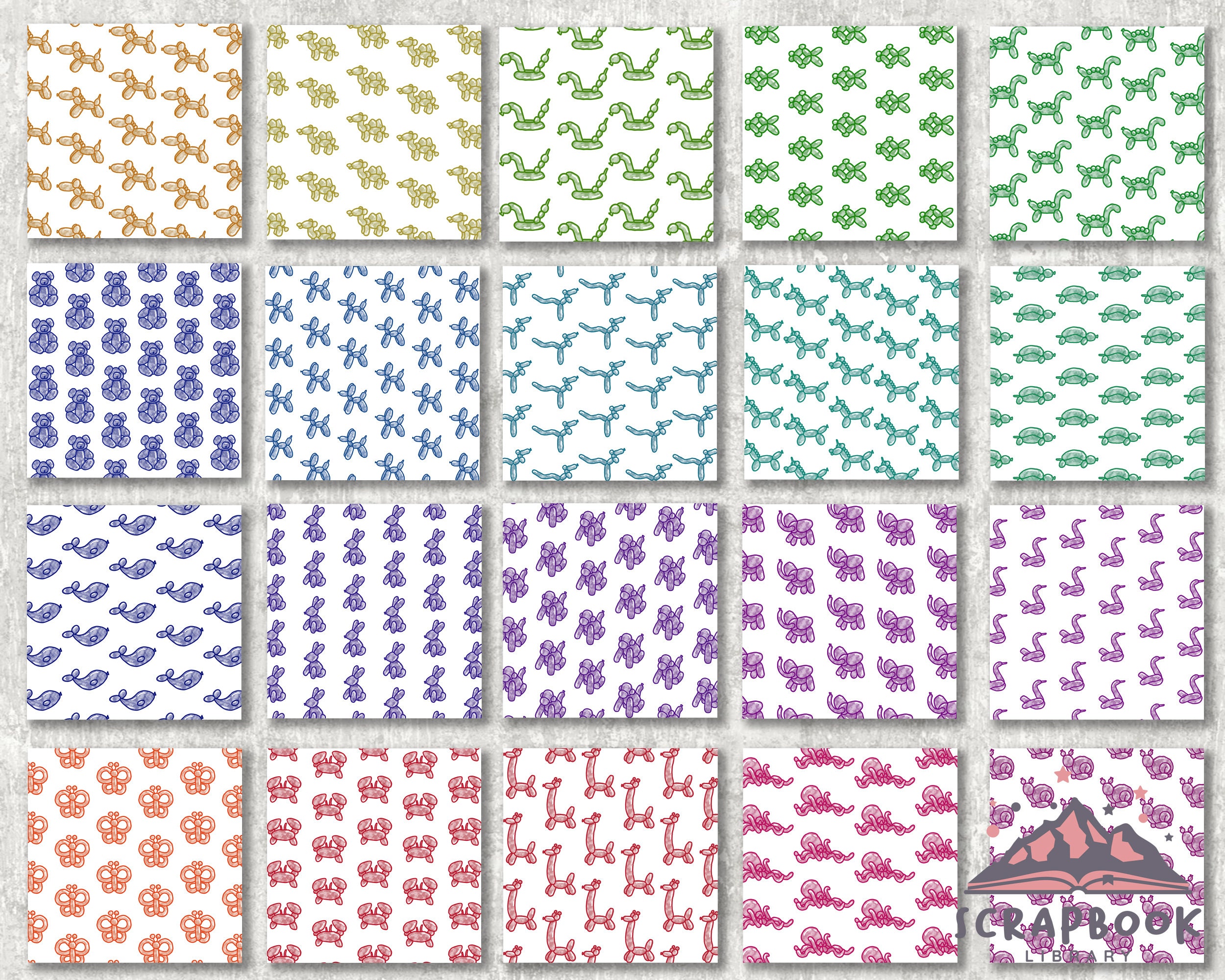 Balloon Animal Digital Paper, Colorful Party Animal Pattern, Rainbow ...
