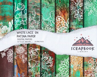 Texturas de papel de pátina de encaje de flores blancas, fondos de cobre desgastados, material de metal oxidado con motivos florales