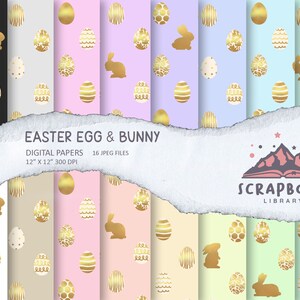 May include: A set of 16 digital papers featuring Easter egg and bunny patterns. The papers are in various colours, including black, white, pink, light blue, and green. The patterns include gold eggs, bunnies, and polka dots. The papers are 30.5 cm by 30.5 cm and 300 DPI.