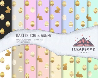 16 Easter egg & bunny Digital Paper,Gold pattern easter bunny egg and bunny,Pastel Easter Paper Design,Rainbow eggs pattern,instant download