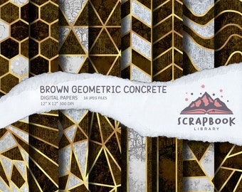 Digitales braunes Betonpapier, geometrisches Muster Papier, Scrapbook Zubehör, goldene Linien, geometrische Form Design, Stein Textur, Herbst Farbe