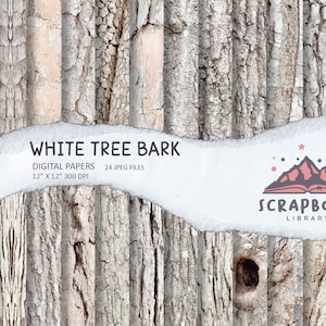 May include: A digital paper pack featuring 24 high-resolution images of white tree bark. The images are 12 inches by 12 inches and 300 DPI. The text "WHITE TREE BARK" is displayed on a torn piece of paper with a mountain and book logo.