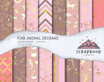 Origami Digital Paper, Animal Origami Pattern Paper, Scrapbook origami paper, Pink Origami Design, Animal Washi Paper