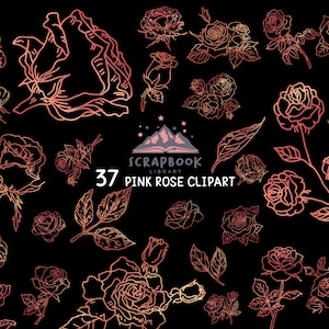 Clipart de rosa, flor do dia das mães, flor rosa dourada, formato de folha metálica rosa, botão de flor, clipart de folha, linhas de rosa, planta, dia dos namorados