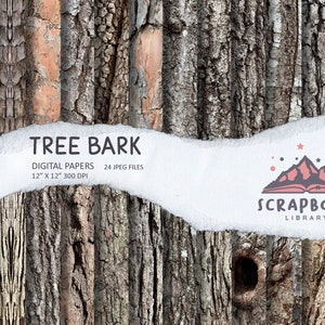 May include: A digital paper pack featuring 24 high-resolution images of tree bark textures. The images are 12 inches by 12 inches and 300 DPI. The pack is titled "Tree Bark" and is from Scrapbook Library.