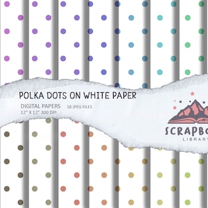 Rainbow Polka Dots on White Digital Paper, Colorful Pattern Digital Dot Paper, Scrapbook paper, Background Image Print, Wallpaper