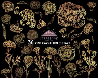 Carnation Clipart, Mother’s Day, Gold Flower, Yellow Metallic Leaf, Bronze Flower Bud, Leaf Clipart, Carnation Lines, Plant, Valentine’s