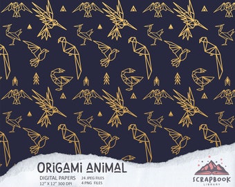 Papel digital de origami, papel digital de patrón de origami animal, papel de origami de álbum de recortes, impresión de imagen de origami colorida, papel de fondo de origami