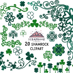 May include: A selection of 20 shamrock clipart images in shades of green. The designs include four-leaf clovers, decorative borders, and individual shamrocks with glitter effects. Text reads "20 SHAMROCK CLIPART".