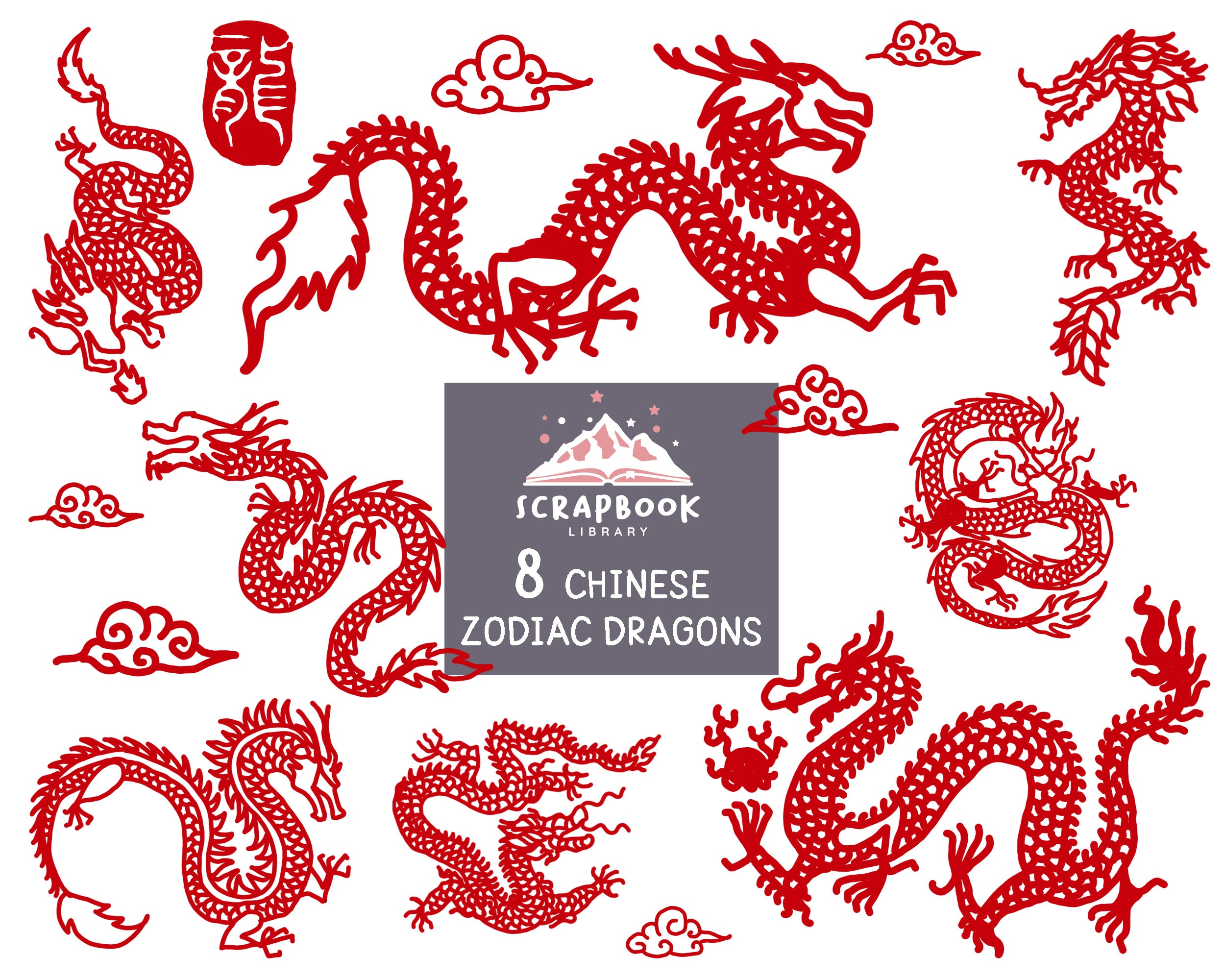 Chinese Zodiac Dragon ornaments clipart, Chinese Dragons Pattern, Vector,  Digital Cutting File Graphic Design, Chinese texture,Chinese logo, image size:2500x2000
