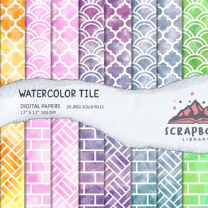May include: Set of 20 digital papers featuring watercolor tile patterns in various colors, including orange, pink, purple, blue, and green. Each paper is 12 inches by 12 inches and 300 DPI. The text "WATERCOLOR TILE" and "SCRAPBOOK LIBRARY" is visible.