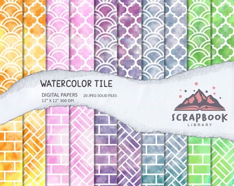 Watercolor Tile Pattern Digital Paper,Brick Tile,Mermaid Tile,Moroccan Tile,Scrapbook paper, Rainbow Tile Background Image Print