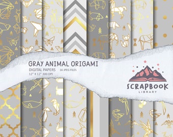 Origami Digital Paper, Animal Origami Pattern Paper, Scrapbook origami paper, Gray Origami Design, Animal Washi Paper, Geometric Shape