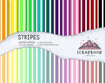 Stripes Digital Paper,Stripe Pattern Digital Paper, Scrapbook Paper, White Stripe on Rainbow Background Image Print