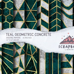 Op de afbeelding: Turquoise geometrische patronen op een betonnen achtergrond met gouden accenten. De patronen omvatten zeshoeken, driehoeken en chevronstrepen. De tekst "TEAL GEOMETRIC CONCRETE" staat bovenaan de afbeelding. De tekst "DIGITAL PAPERS 16 JPEG FILES 12" X 12" 300 DPI" staat onder de titel. De tekst "SCRAPBOOK LIBRARY" staat onderaan de afbeelding.