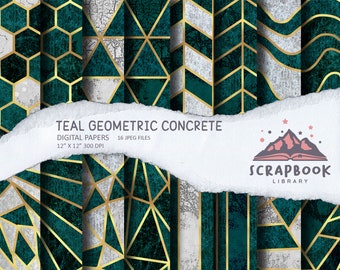 Digital Teal Concrete Paper, Geometric Pattern Paper, Scrapbook Supplies, Gold lines, Geometrical Shape Design