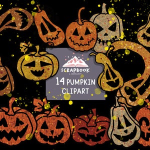 Op de afbeelding: Een set van 14 digitale clipart-afbeeldingen met verschillende pompoenontwerpen. De pompoenen zijn oranje, geel en bruin met zwarte gezichtskenmerken. De achtergrond is zwart met gele en oranje spetters. De tekst "14 Pumpkin Clipart" staat in een wit kader met een roze berggrafiek.