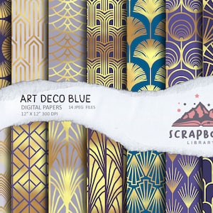 Art Deco Muster Papier, Blaue Geometrische Form, Marine und Gold Blume Stilvolle Mode, Elektrische Blaue Linien Trend, Blaue Tapete, Gatsby